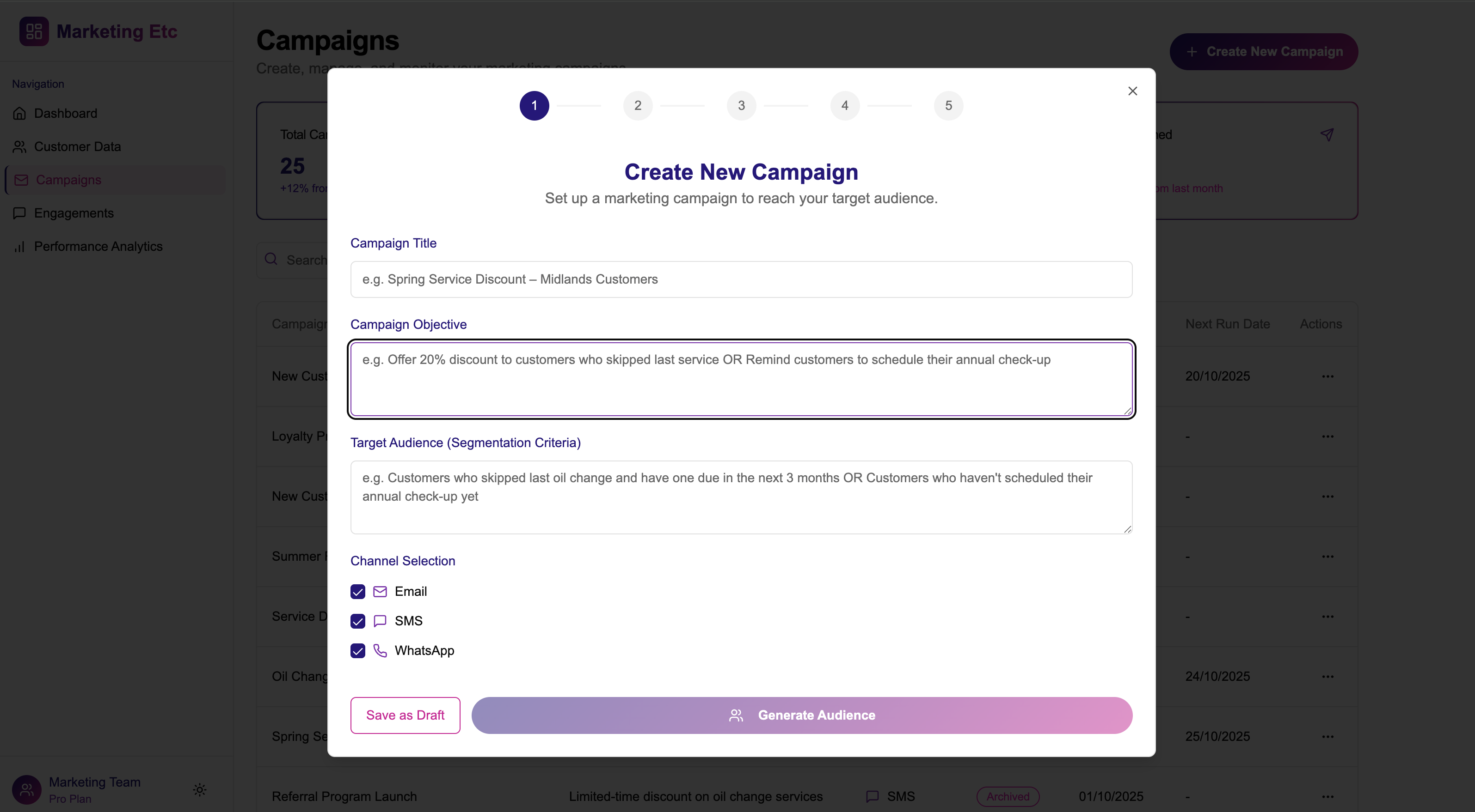 Campaign Creation interface showing simple setup form with objective, audience criteria, and channel selection